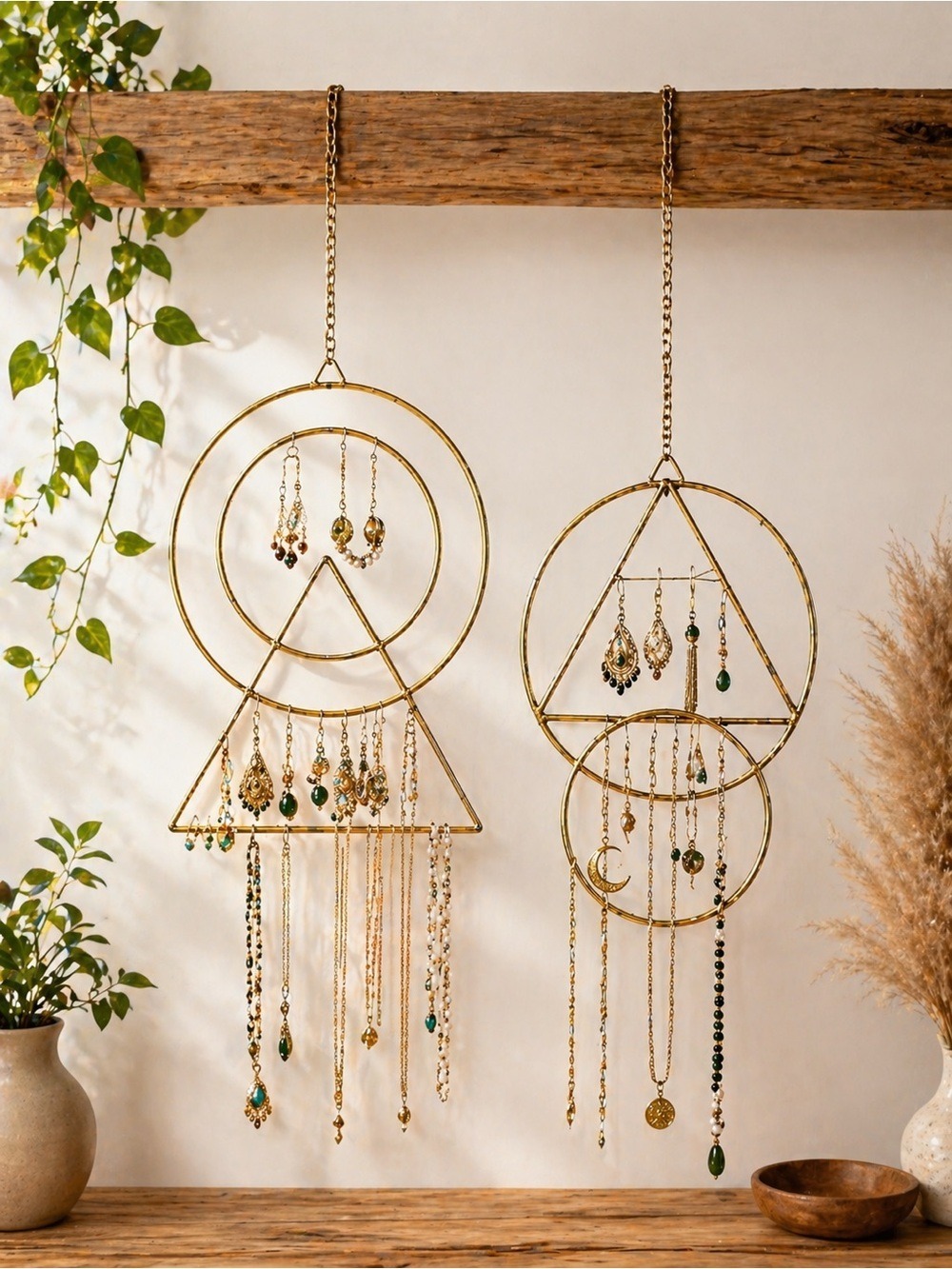 Gold Geometric Wall Hanging Set Boho Metal Circle Triangle Decor Jewelry Display